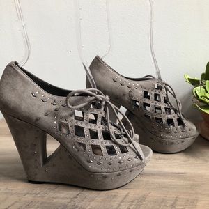 Gianna Bini Lace Up Bejeweled Cut Out Wedges